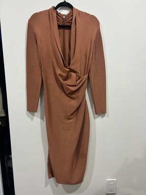 House of CB London Rust Brown Draped Long-Sleeve Midi Dress
